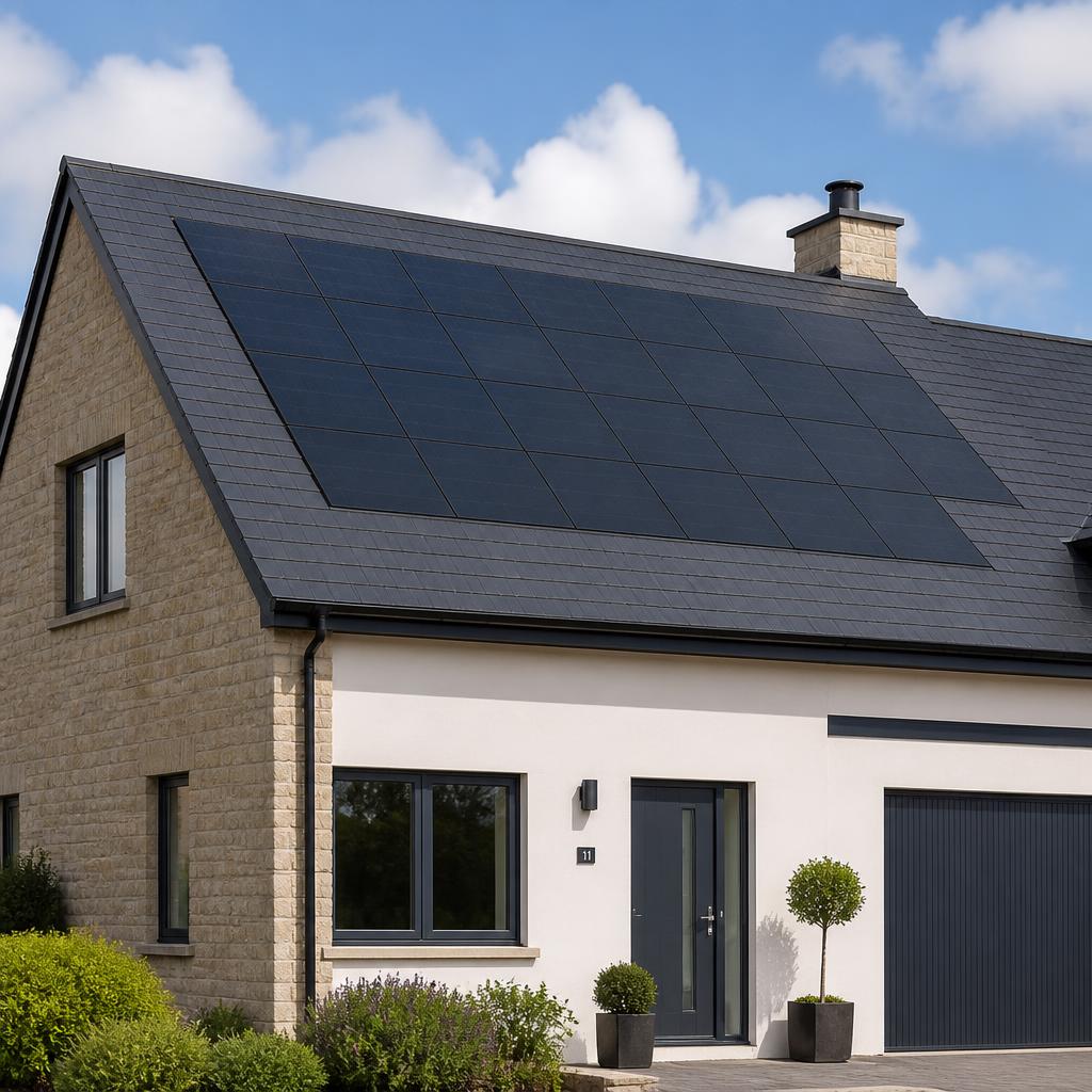 Modern home with a new slate roof and solar panels at sunset